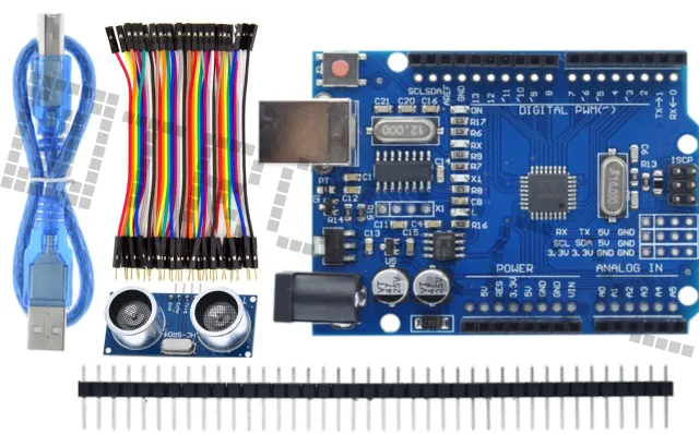 Startovací sada pro Arduino Uno R3 s HC-SR04 snímačem vzdálenosti a dupont kabely