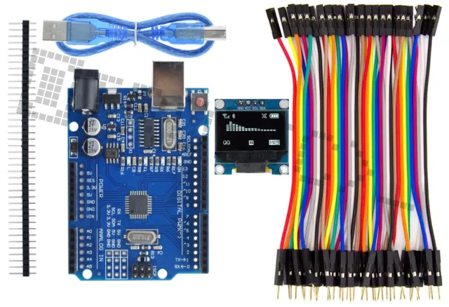 Startovací sada pro Arduino Uno R3 s 0.96 inch OLED displejem a 40dílnou sadou Dupont kabelů
