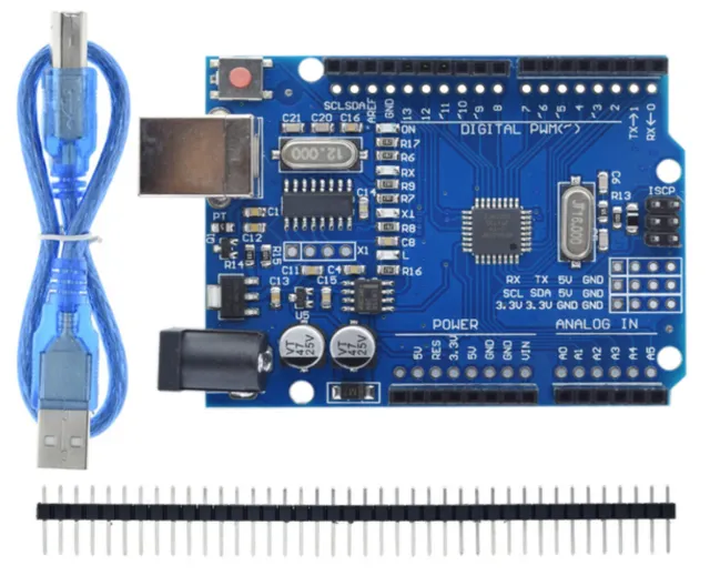 Arduino UNO R3 compatible včetně USB kabelu a header pinů.