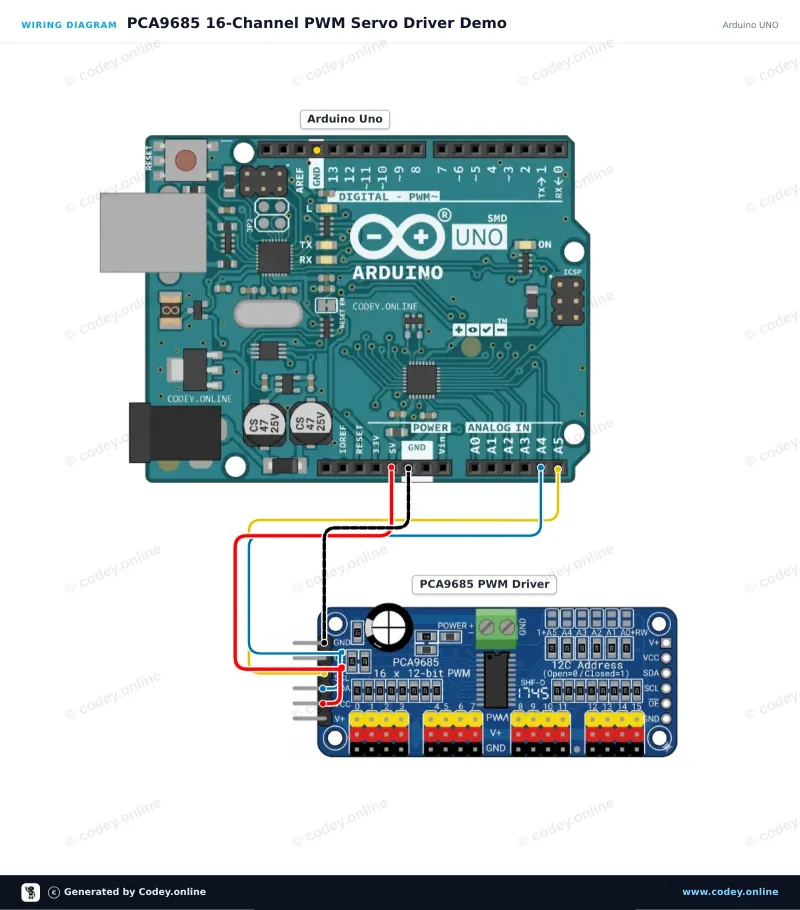 Schéma zapojení: 16kanálový 12bitový PWM servo driver I2C na Arduino UNO