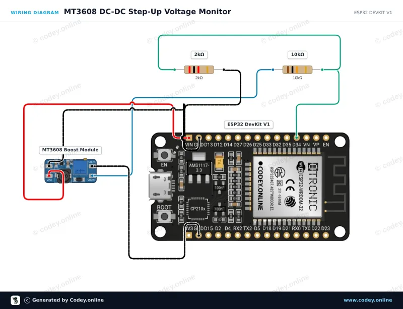 Schéma zapojení: MT3608 2A Max DC-DC Step Up napájecí modul Booster Power Module na ESP32 DevKit V1