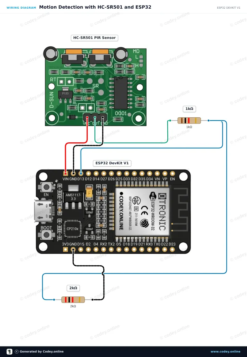 Schéma zapojení: PIR senzor HC-SR501 pohybový senzor na ESP32 DevKit V1