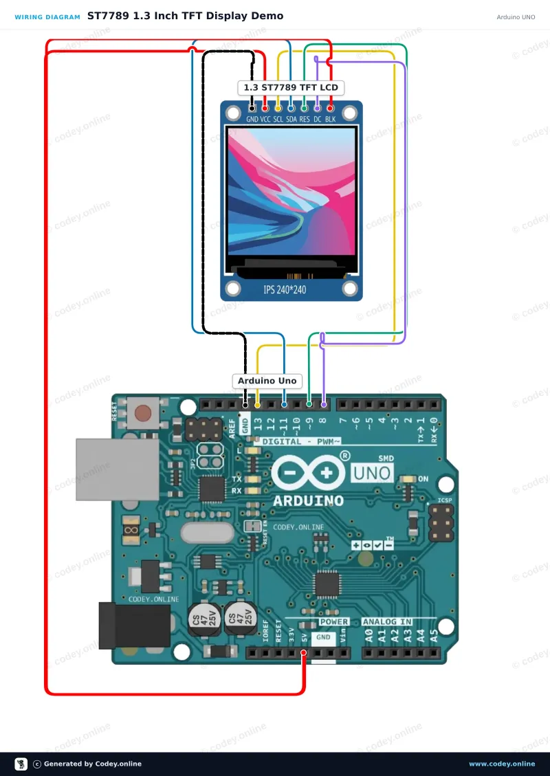 Schéma zapojení: 1.3inch SPI TFT LCD displej RGB (ST7789, 3.3V) na Arduino UNO